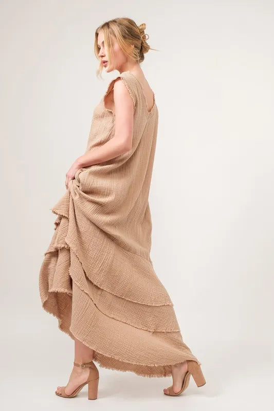 And The Why Washed Cotton Gauze Fringe Detail Tiered Dress