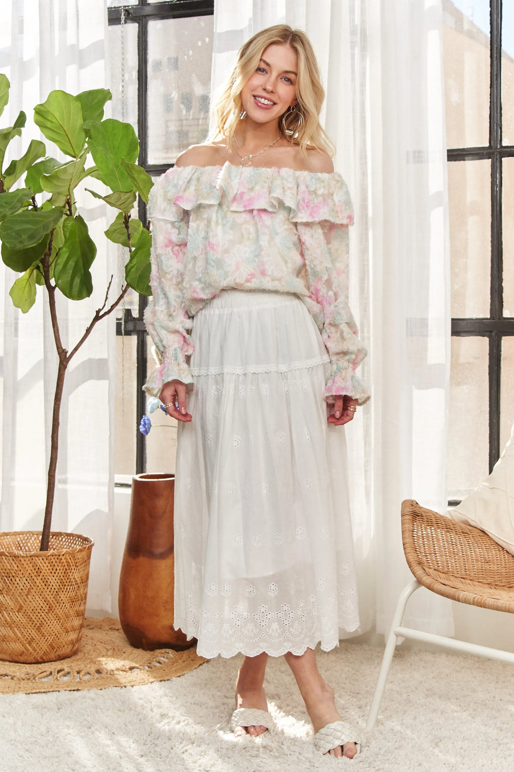 ADORA Ruffled Off Shoulder Floral Blouse in Pink