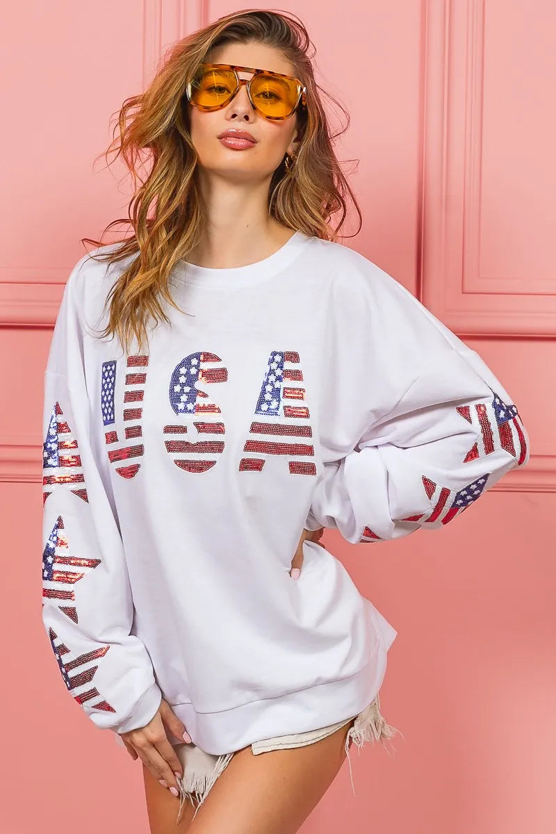 American Flag USA and Star Sequin Sweatshirt