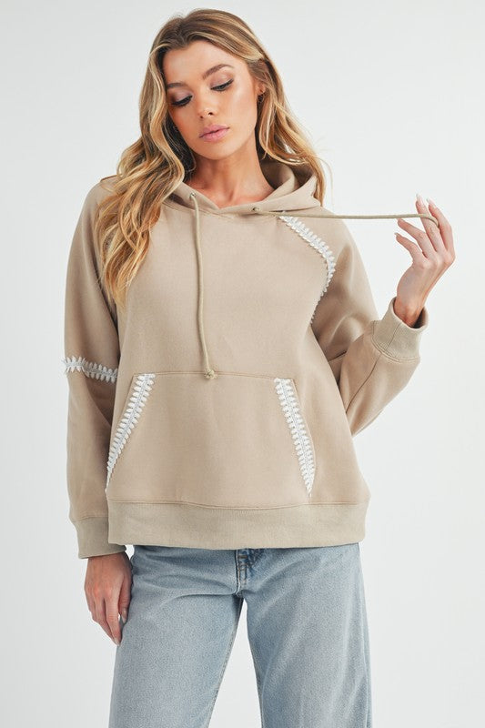 Aemi + Co Lace Detail Drawstring Hoodie with Kangaroo Pocket