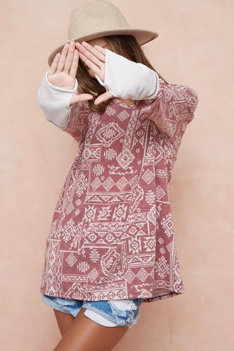 Aztec Print French Terry Top with Thumb Opening