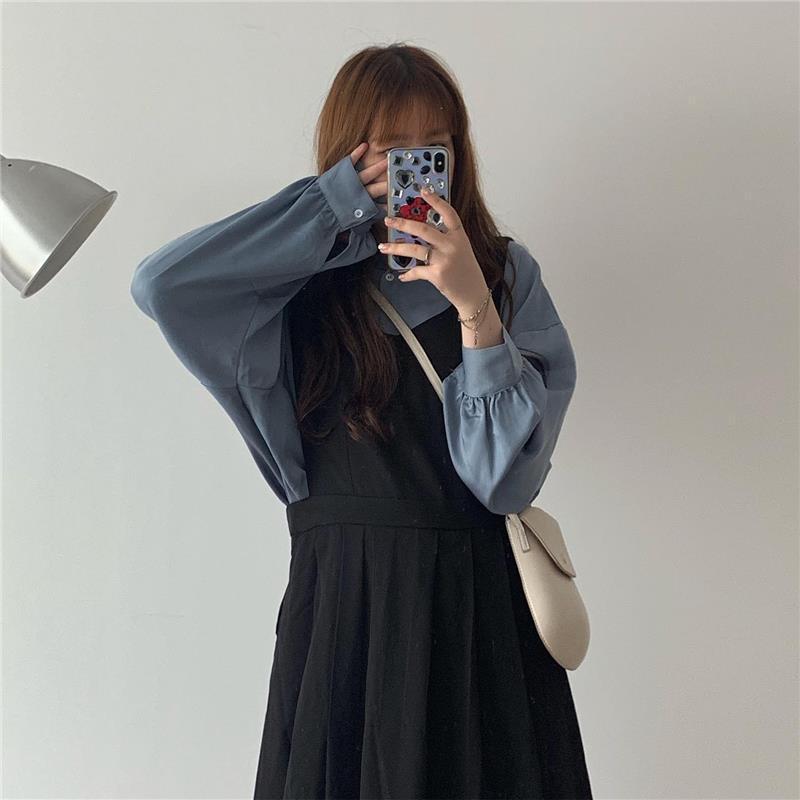 Autumn Suit Women's Shirt Extended Black Strap Dress