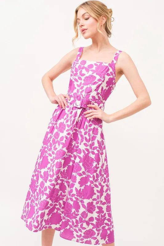And The Why Square Neck Belted Floral Printed Midi Dress