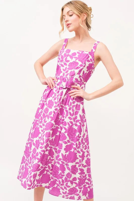 And The Why Square Neck Belted Floral Printed Midi Dress