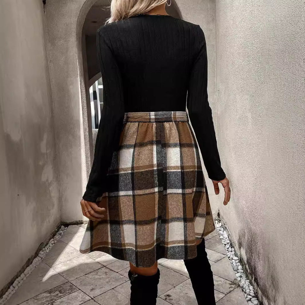 Autumn And Winter New Women's Clothing Sunken Stripe Stitching Plaid Lace-up Dress