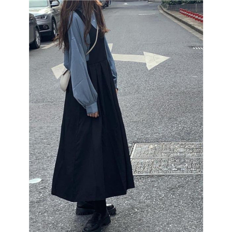 Autumn Suit Women's Shirt Extended Black Strap Dress
