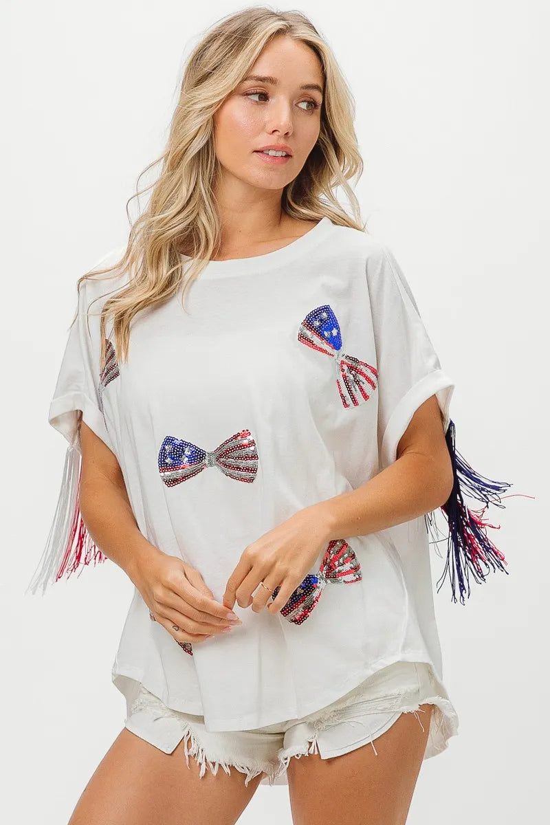 American Flag Sequin Ribbon T-Shirt