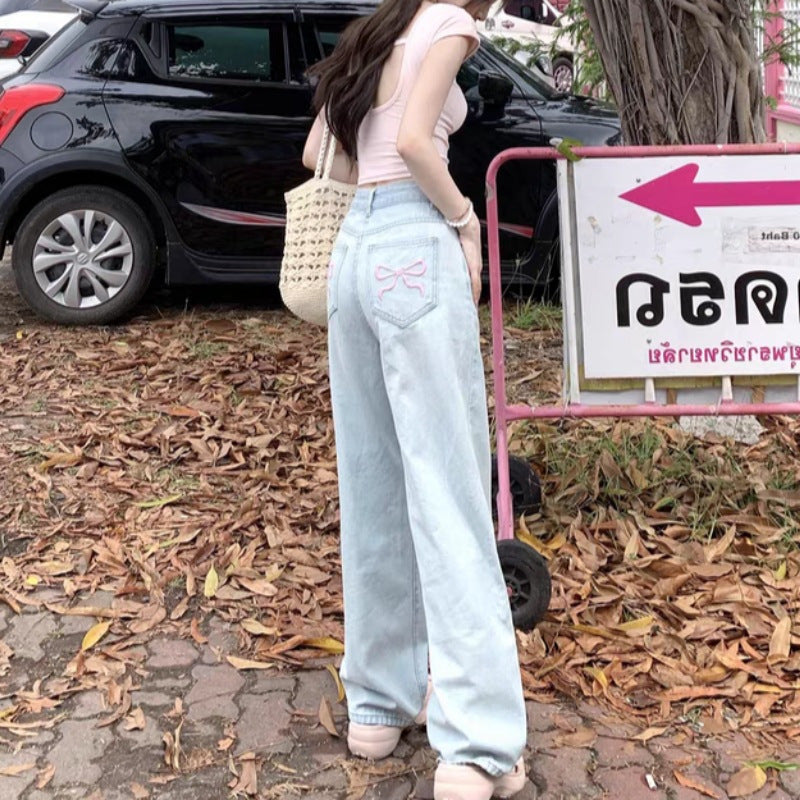 Ballet Embroidery Light Blue Wide-leg Jeans