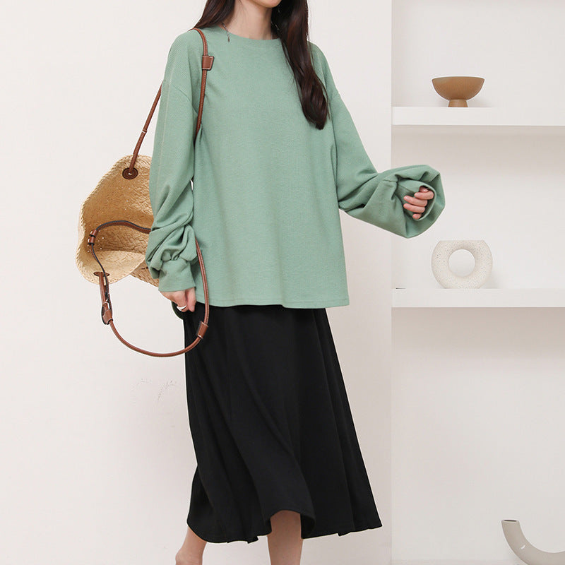 Autumn Waffle Women's T-shirt Round Neck Solid Color