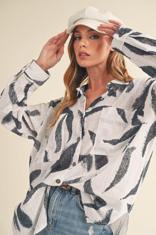 Aemi + Co High-Low Printed Button Up Long Sleeve Shirt
