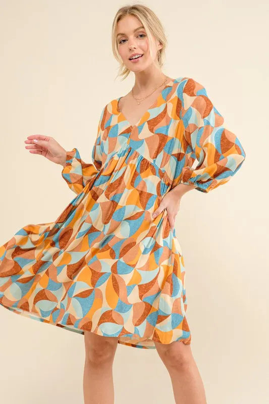 And The Why Printed Open Back Puff Sleeve Casual Dress