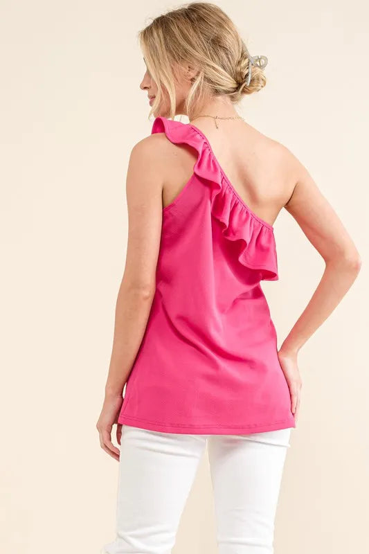 And The Why Ruffle One Shoulder Sleeveless Tank Top in Magenta