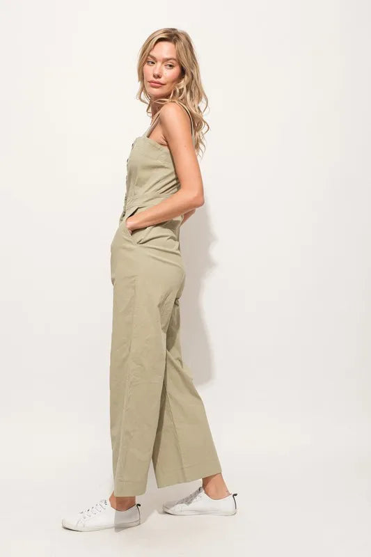 And The Why Square Neck Button Down Cropped Wide Leg Jumpsuit