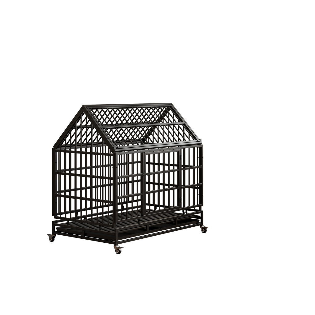 48 Inch Heavy Duty Dog Crate with Wheels, Folding Metal Big Dog Cage for Large and Medium Dogs, Cage with a pointed roof and Removable Tray.