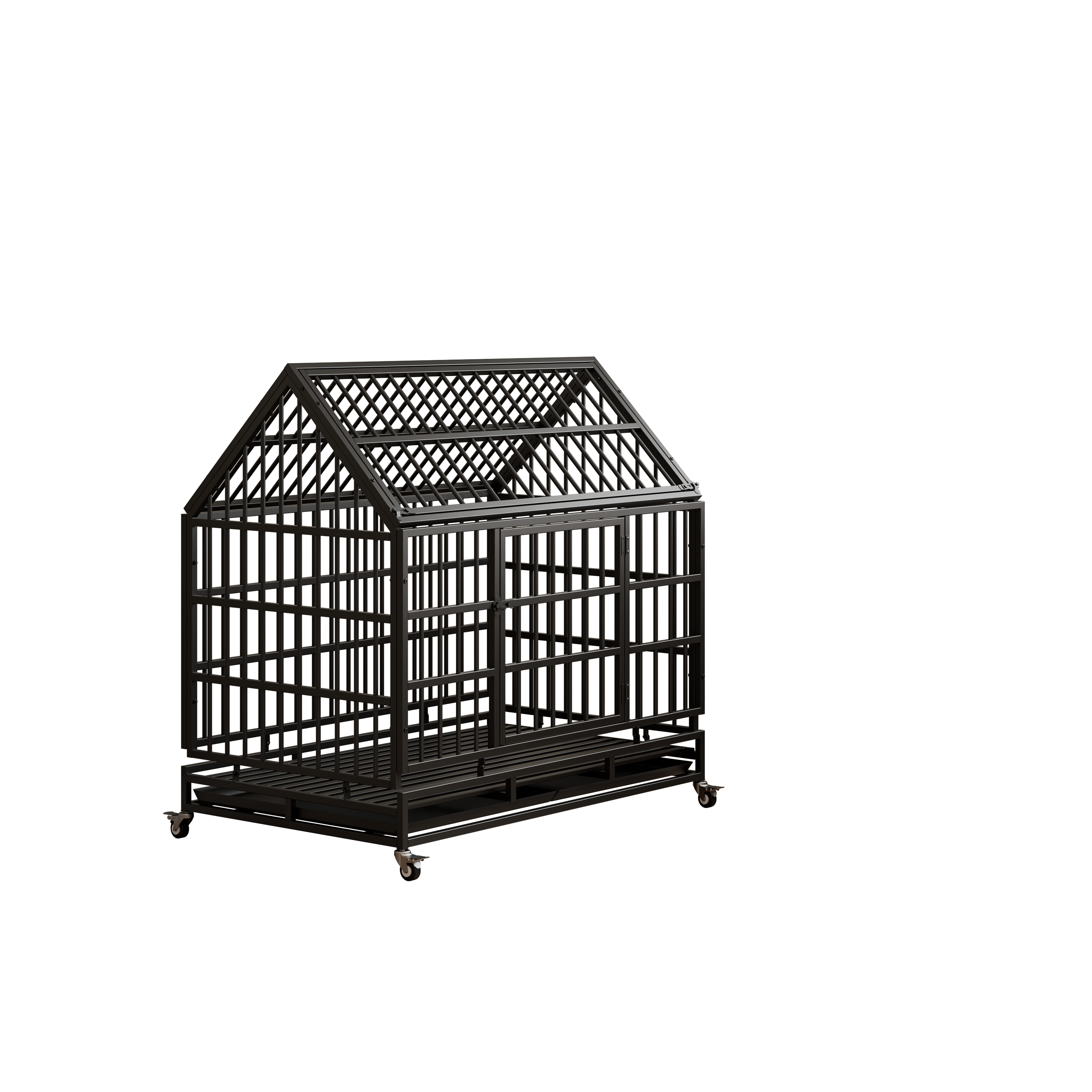 48 Inch Heavy Duty Dog Crate with Wheels, Folding Metal Big Dog Cage for Large and Medium Dogs, Cage with a pointed roof and Removable Tray.