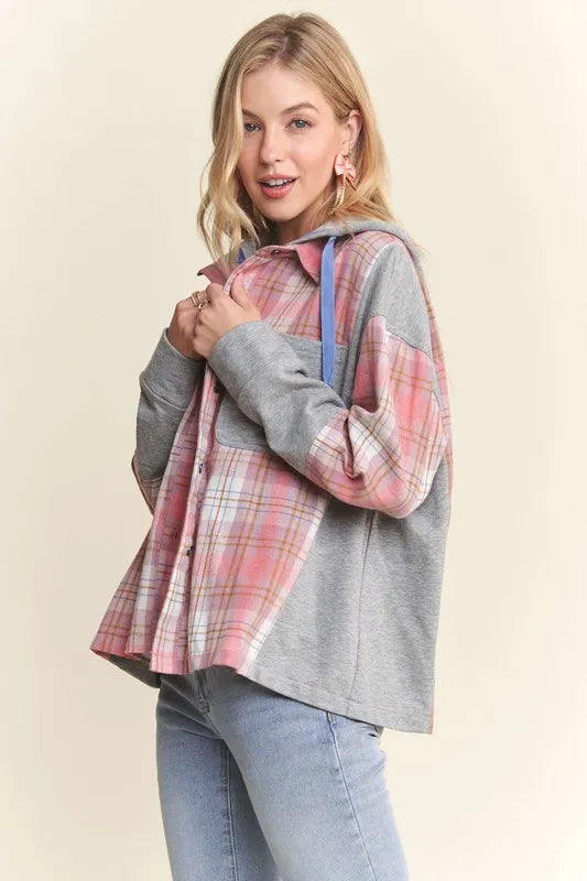 ADORA Button Down Plaid Hoodie Shacket