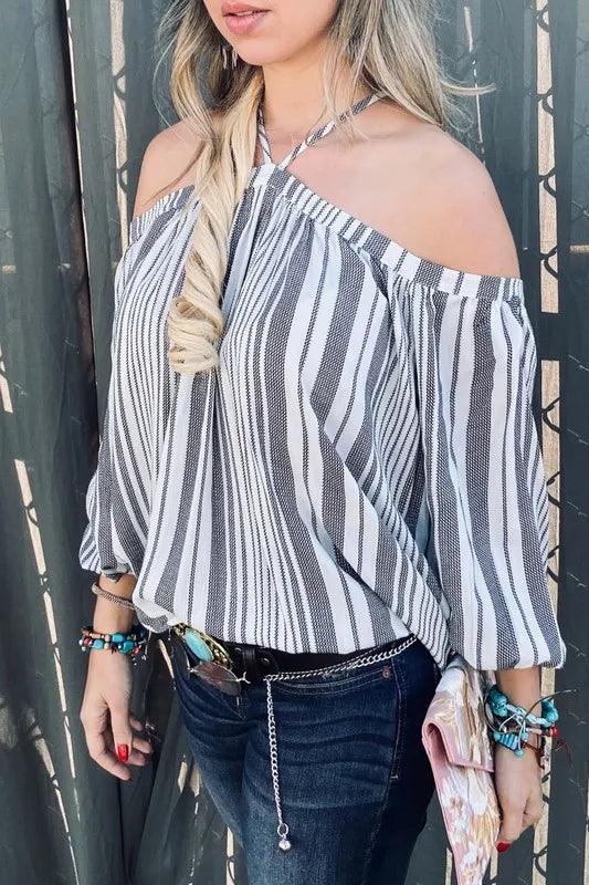 And The Why Stripe Printed Cold Shoulder Halter Neck Top