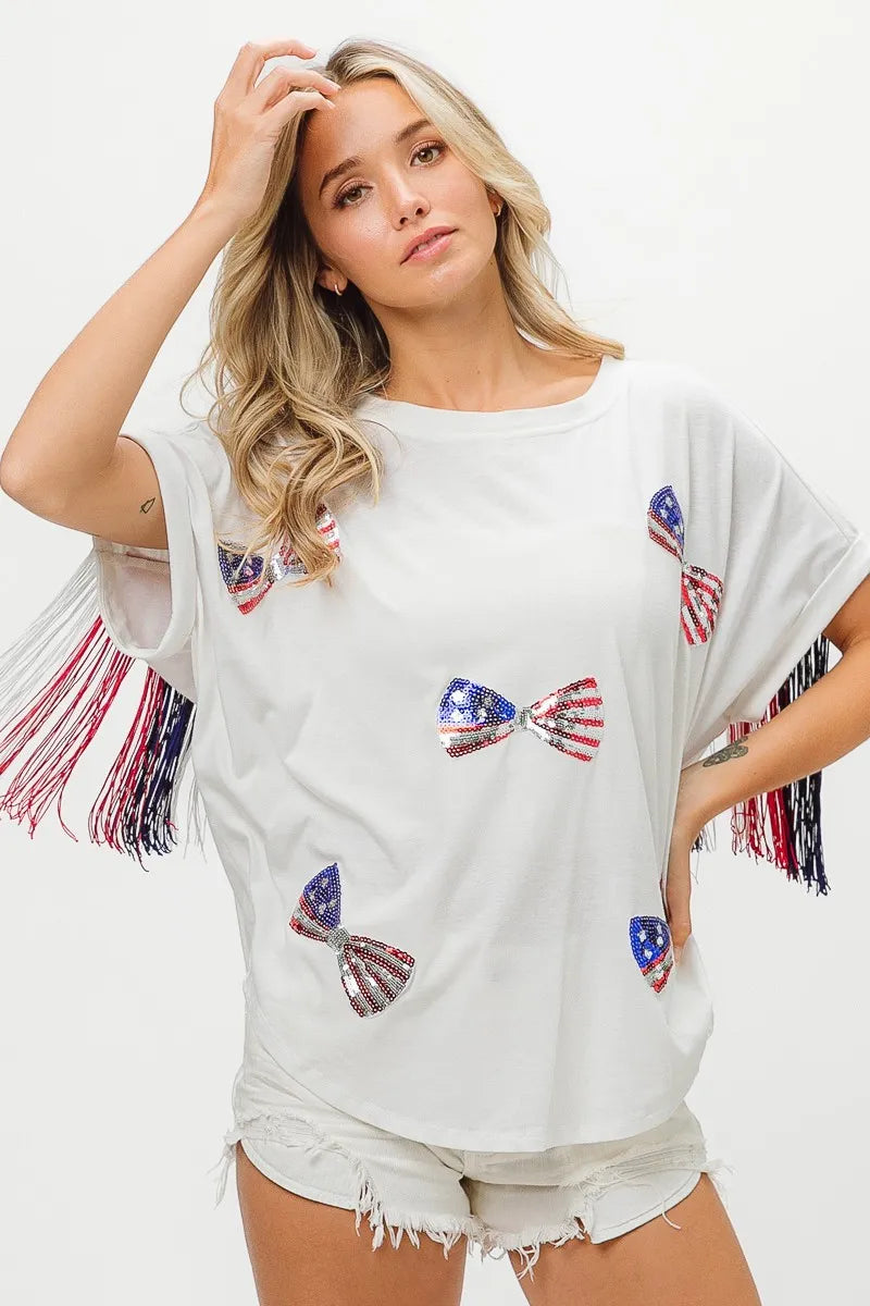 American Flag Sequin Ribbon T-Shirt