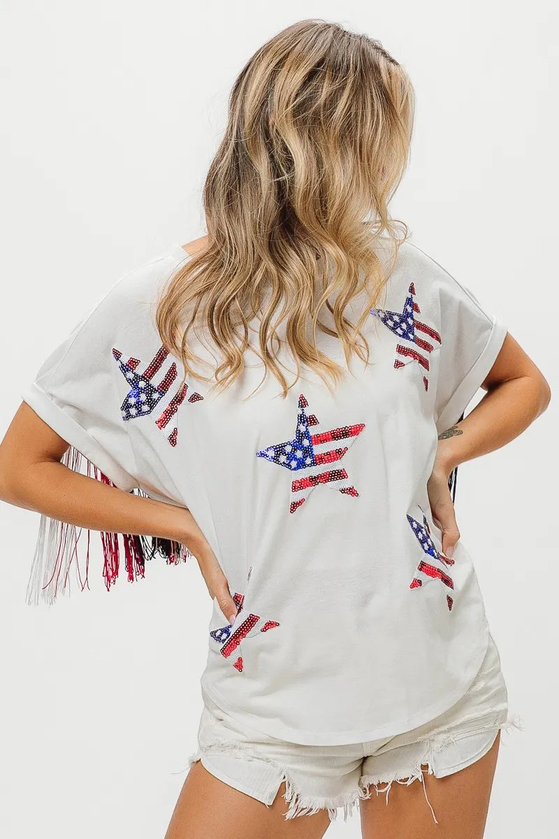American Flag Sequin Star Fringe Top