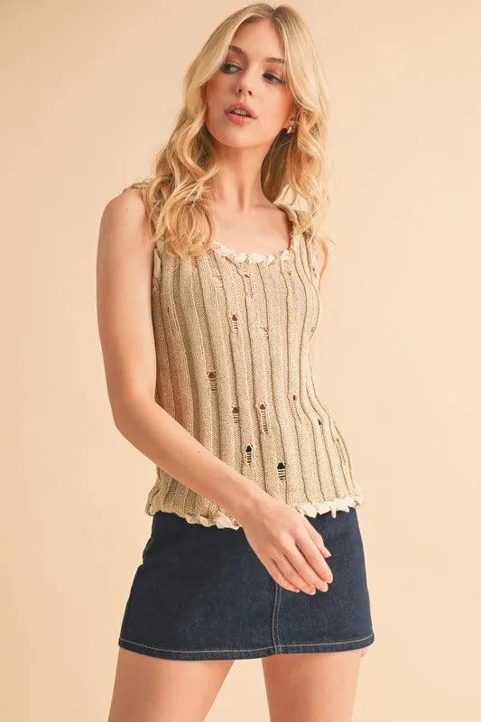 Aemi+Co Distressed Detail Round Neck Knit Tank
