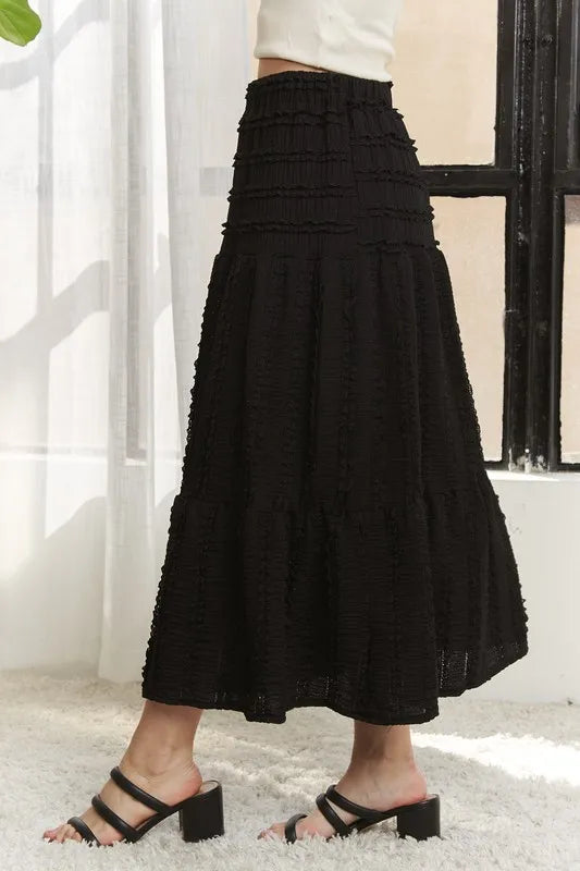 ADORA Elastic Waistband Tiered Midi Skirt