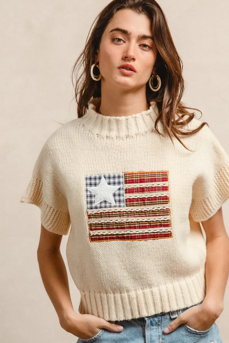 American Flag Patchwork Drop Shoulder Sweater