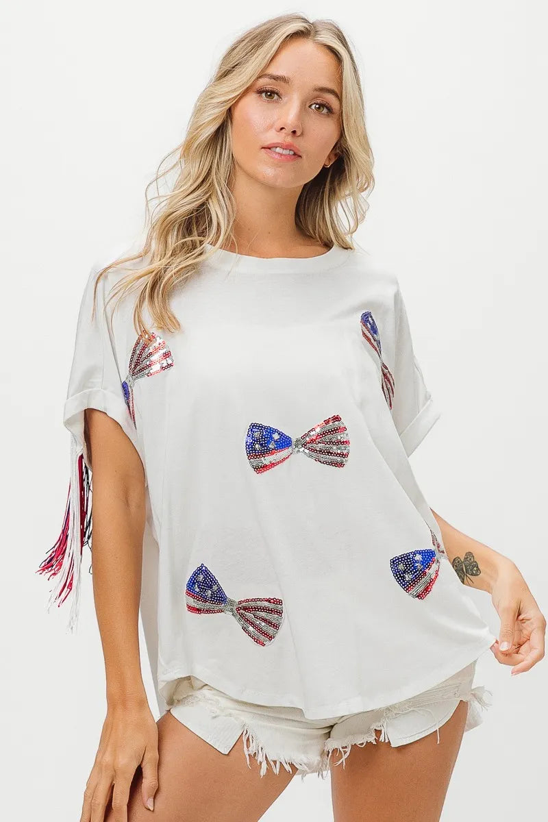 American Flag Sequin Ribbon T-Shirt