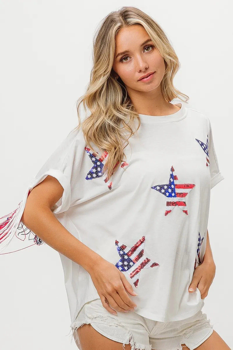 American Flag Sequin Star Fringe Top