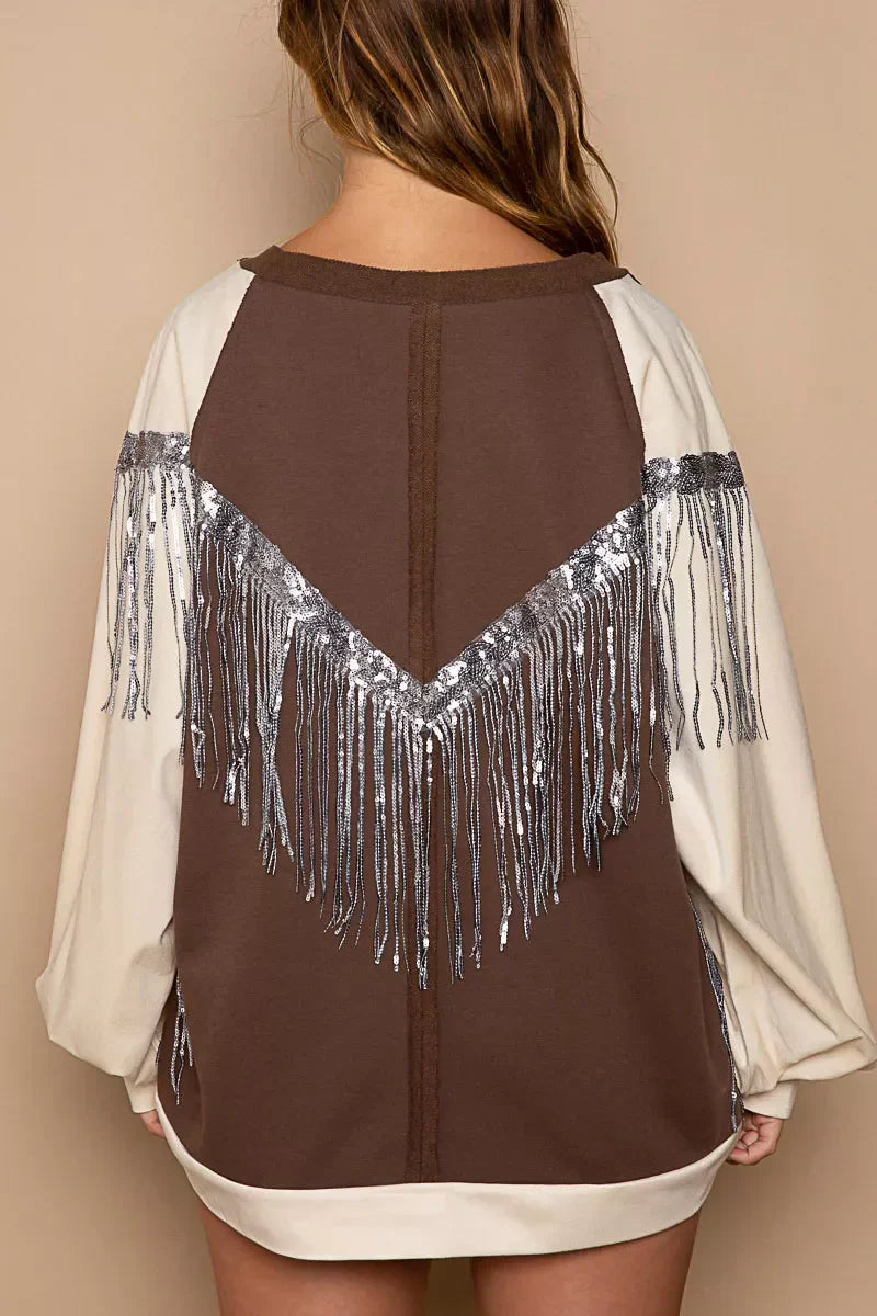Balloon Sleeve French Terry Sweatshirt with Sequin Tassel
