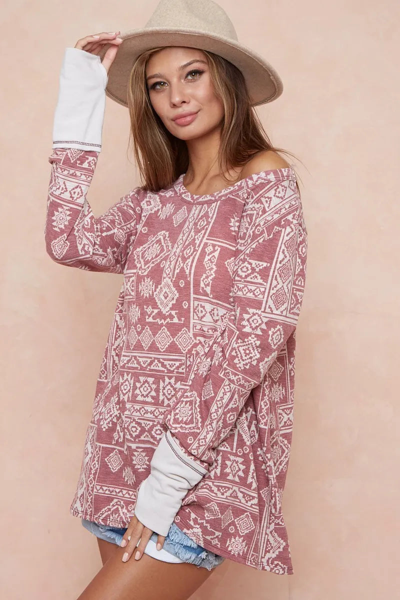Aztec Print French Terry Top with Thumb Opening