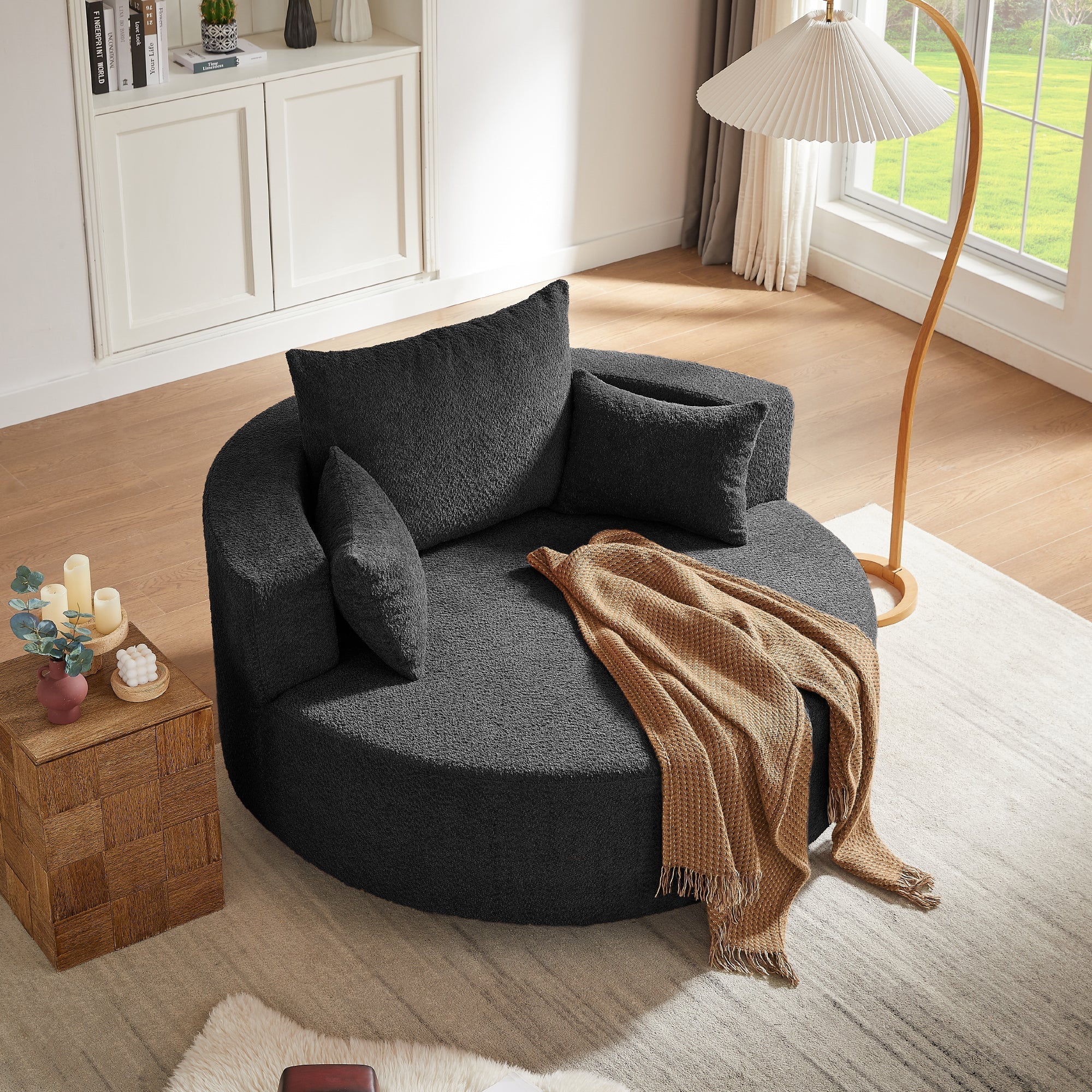 360° Swivel Accent Barrel Chair with Removable Pillows, Black Chenille, 56.3x56.3x36.5 inches