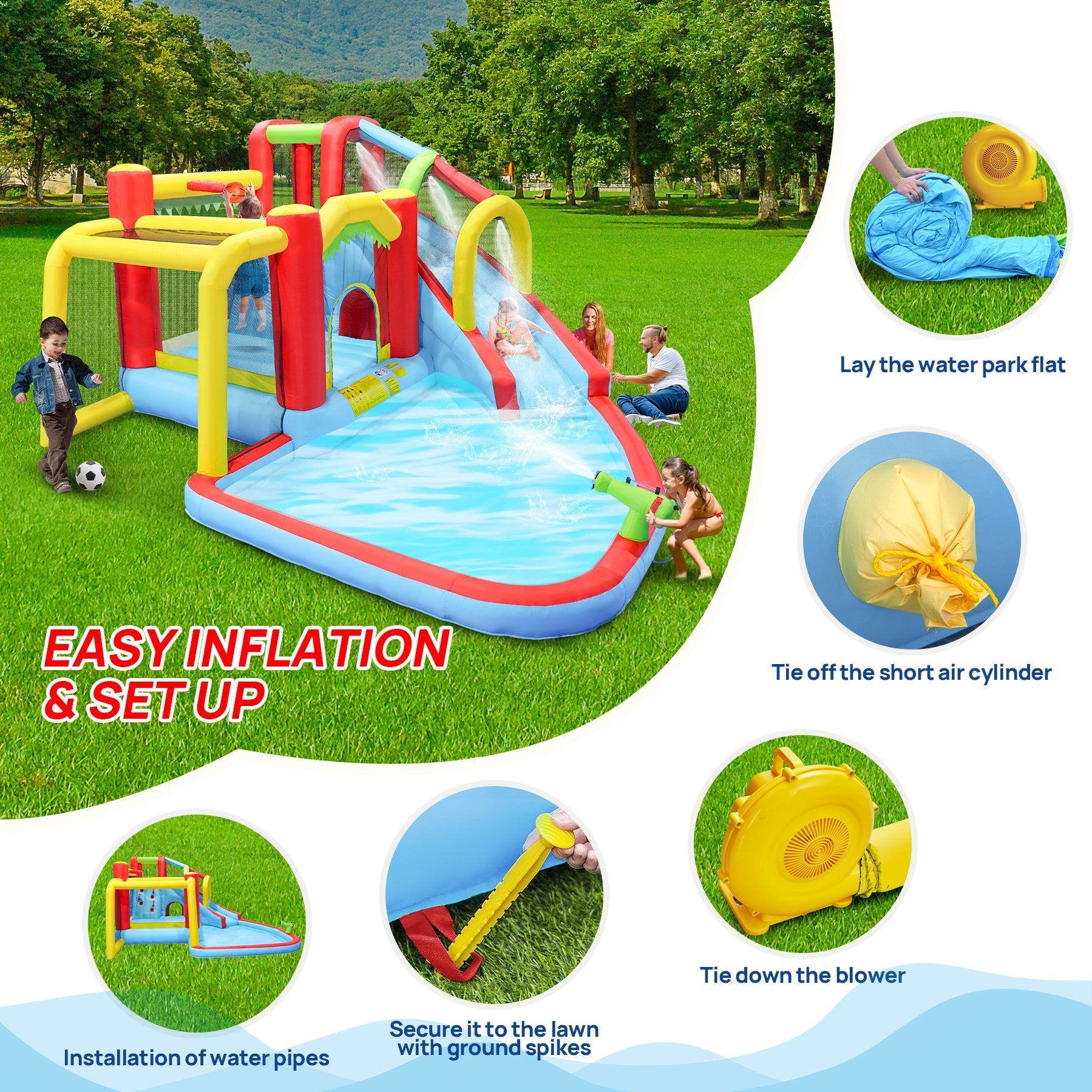 7 in1 Inflatable slide water park bouncing house outdoor Soccer garden bouncer with Splash pool  & Water gun & Climbing wall & Basketball & Football