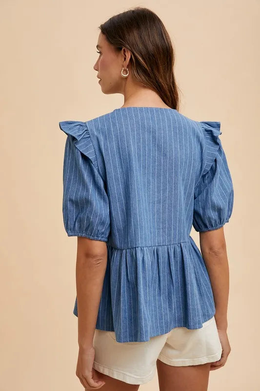 Annie Wear Stripe Front Bow Denim Peplum Blouse by Trendsi