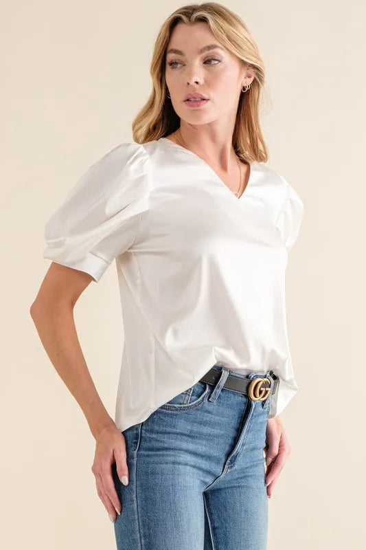 And The Why Plain Satin Puff Shirring V Neck Blouse Top