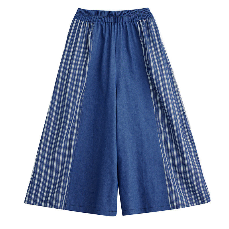 Autumn Clothing Casual Patchwork Striped Denim Fashionable Wide Leg Pants