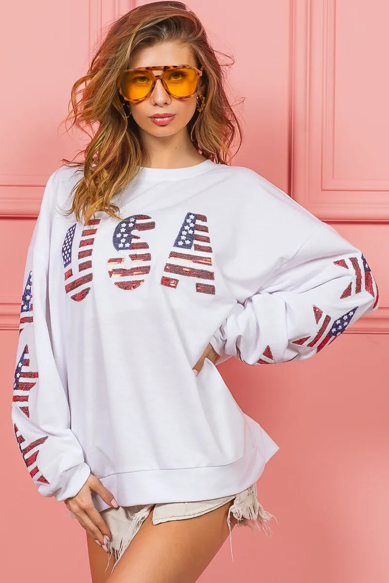 American Flag USA and Star Sequin Sweatshirt