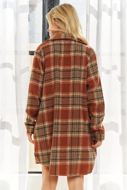 ADORA Full Size Button Down Flannel Shacket Plus Size in Rust