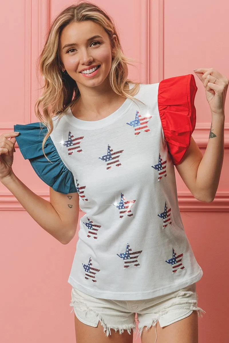 American Flag Sequin Stars Top