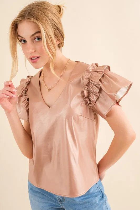 And The Why Faux Leather Ruffle Sleeves V Neck Top