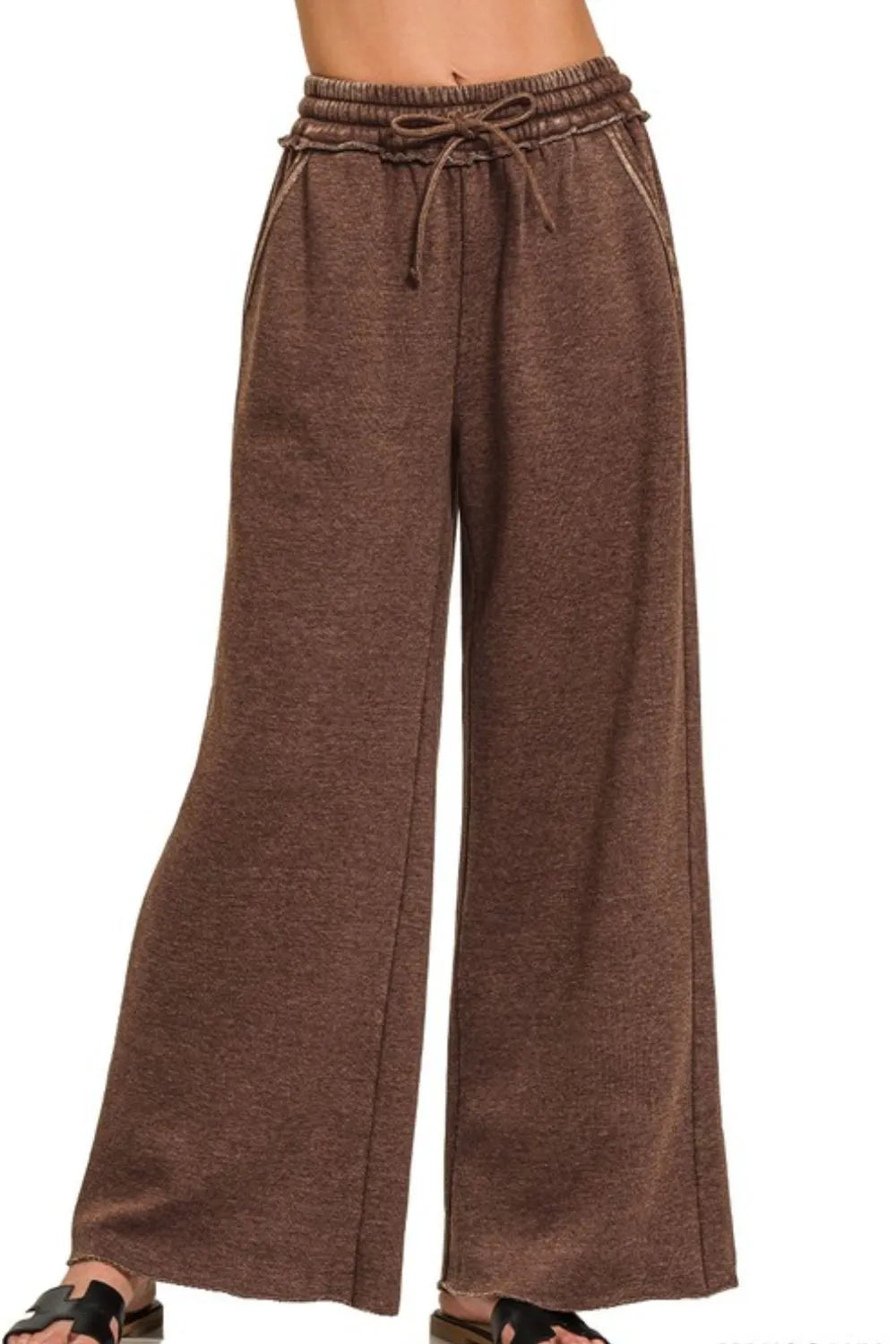 Acid Wash Fleece Palazzo Sweatpants with Pockets