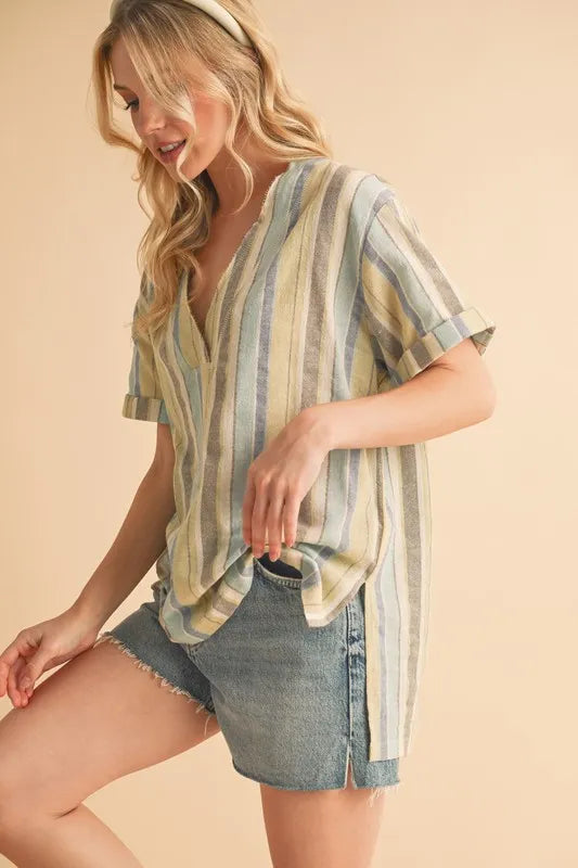 Aemi+Co Side Slit Striped Short Sleeve Blouse
