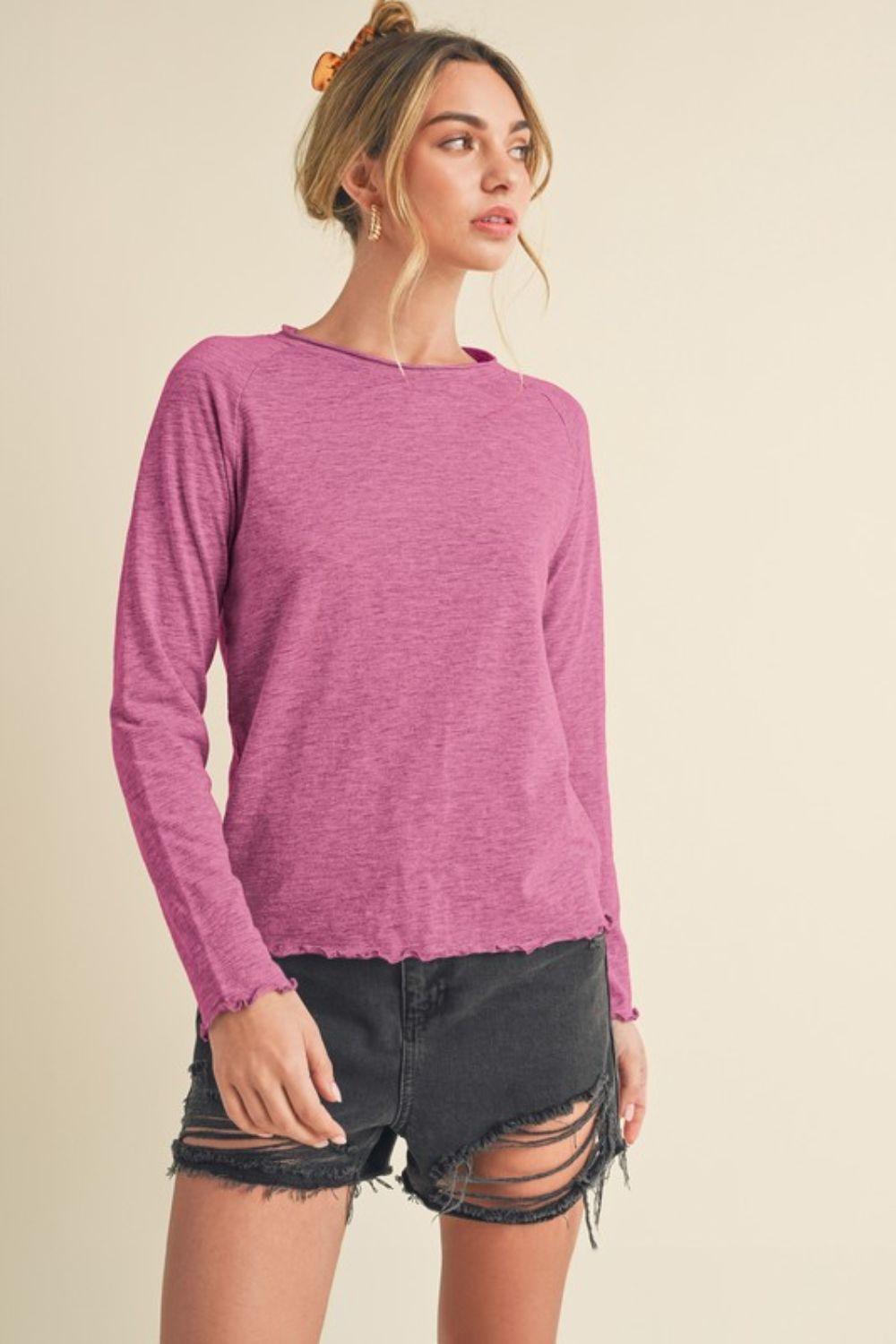 Aemi + Co Lettuce Hemline Round Neck Raglan Sleeve T-Shirt