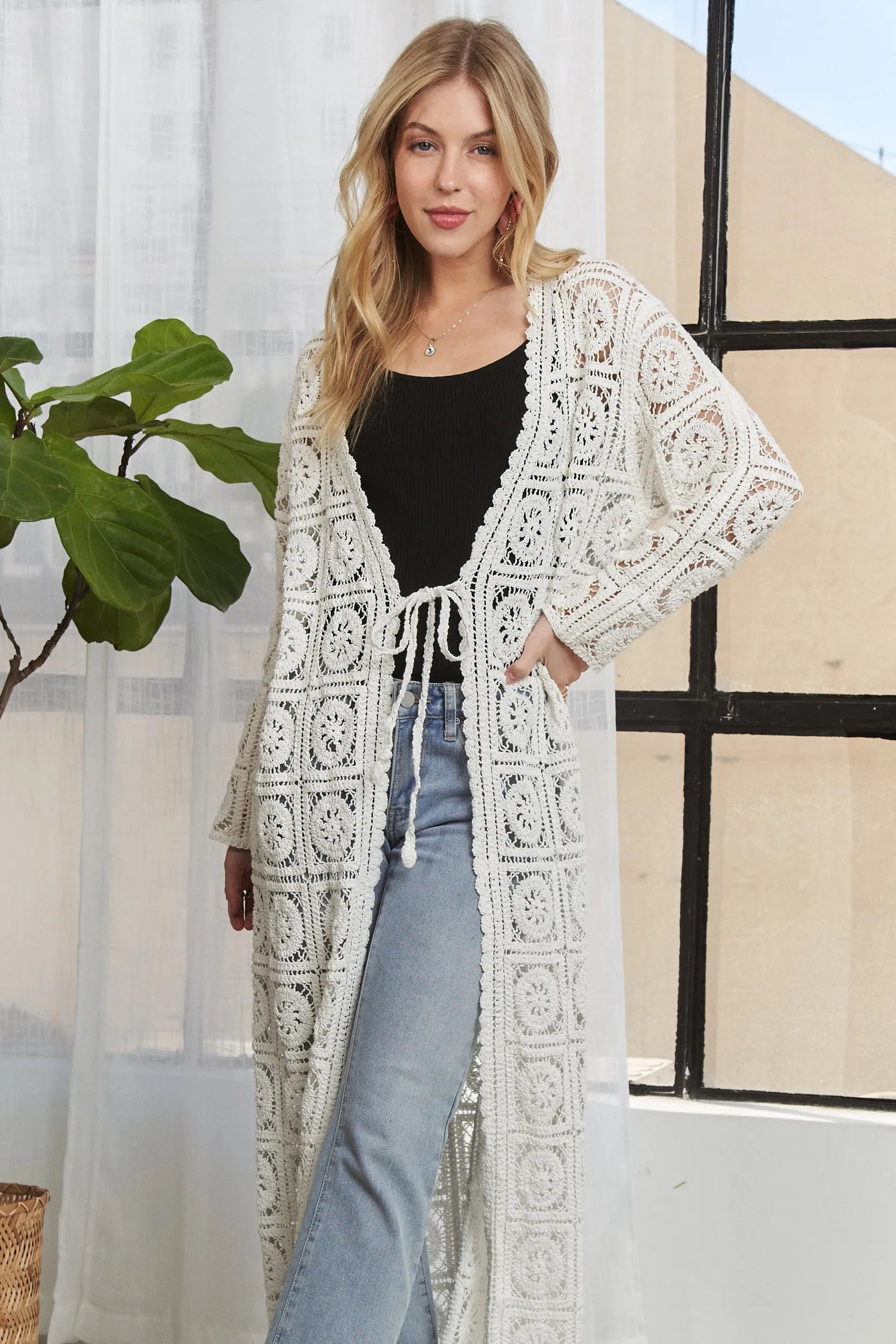 ADORA Long Sleeves Crochet Elastic Cardigan