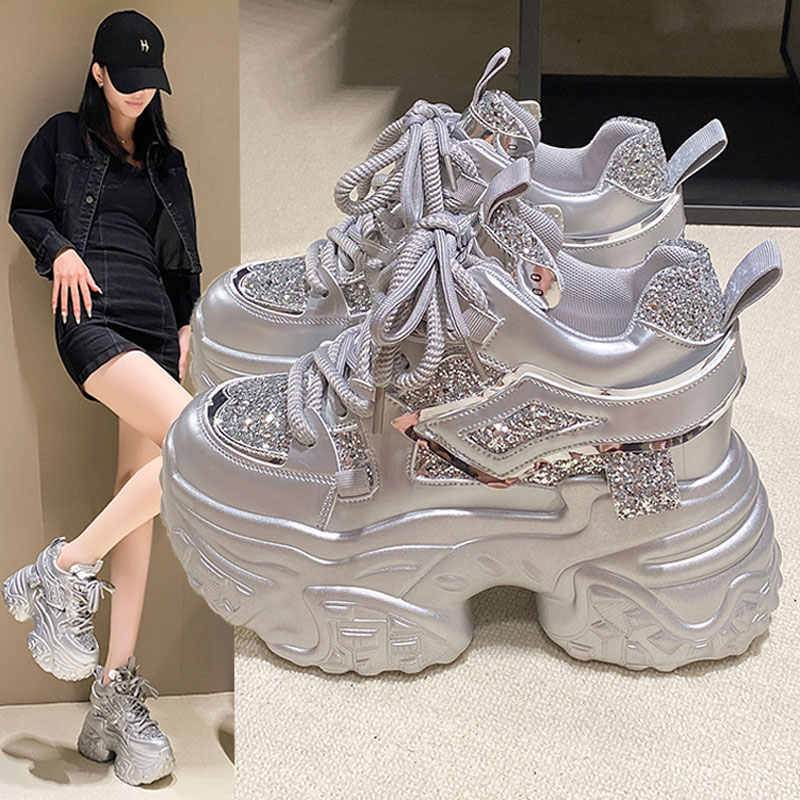 10cm Hidden Heel Platform Sequins Dad Shoes