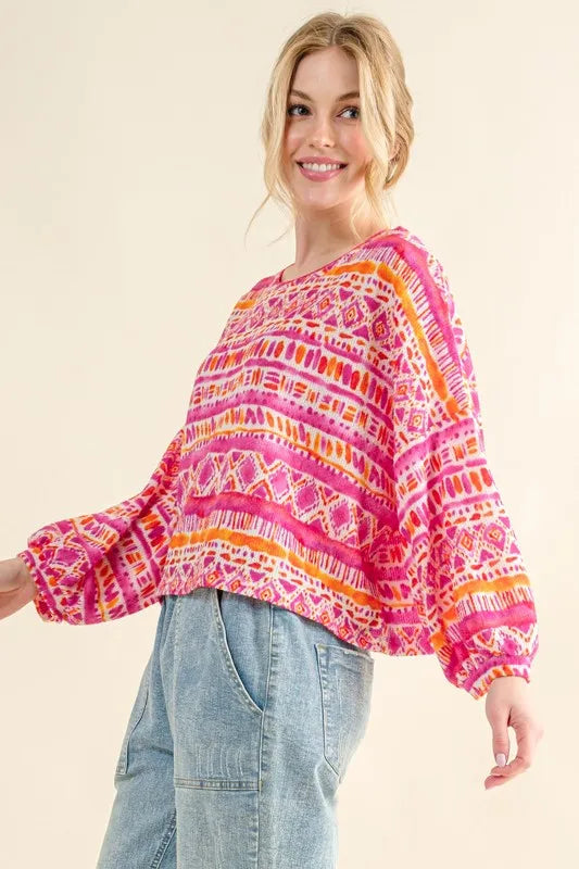 And The Why Cozy Textured Printed Casual Top in Coral