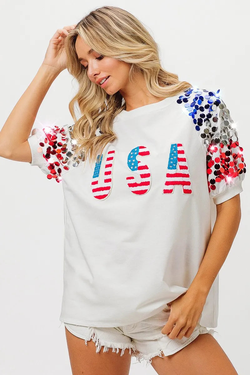 American Flag Theme Sequin Top