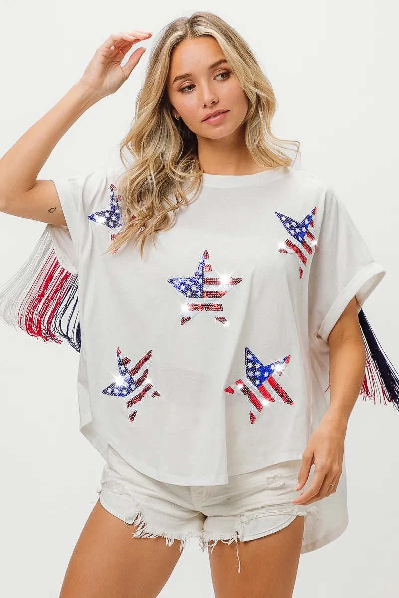 American Flag Sequin Star Fringe Top