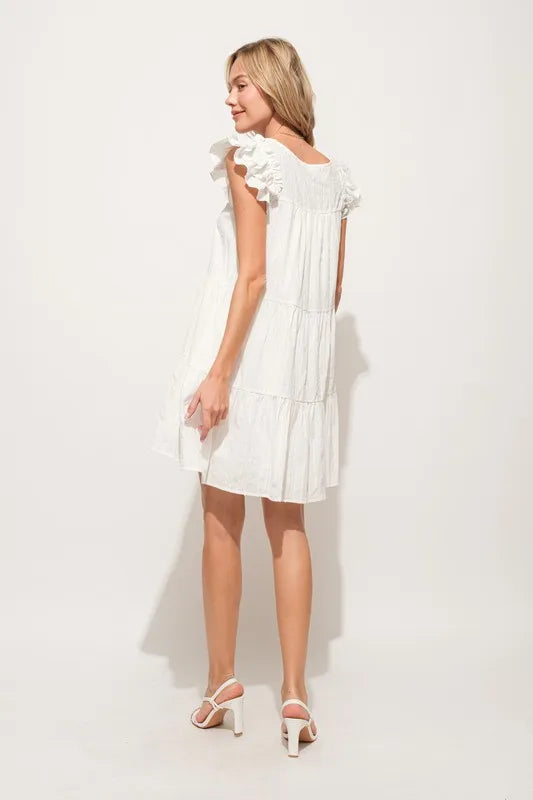 And The Why Origami Pleating Ruffled Sleeve Tiered Dress