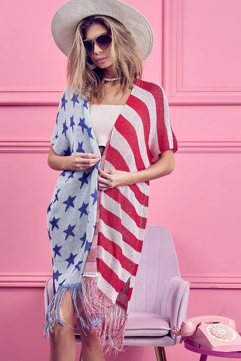 American Flag Theme Fringed Knit Cardigan