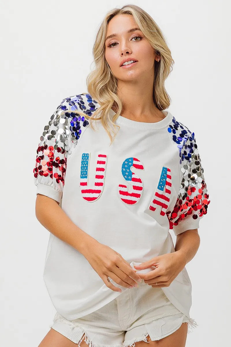 American Flag Theme Sequin Top